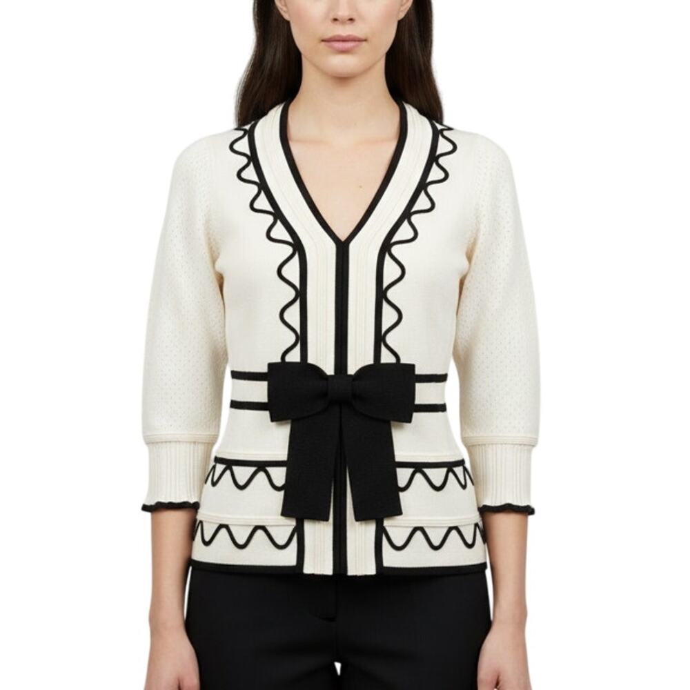 MILLY Merino Wool Bow Sweater Size Small Ivory Black Retro V-neck 3/4 Sleeve